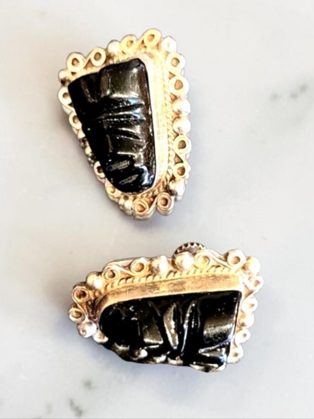 Mexico Silver And Black Onyx Earrings, Vintage Mask Design, Screw Back